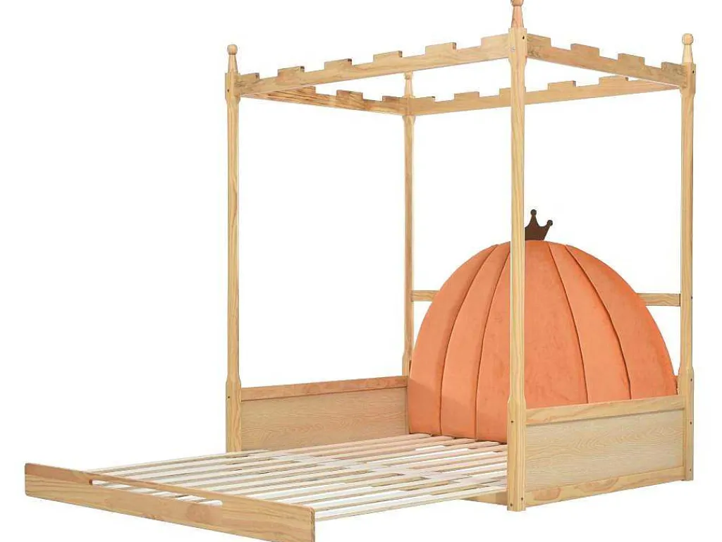 Onderschuifbed 140X200Cm In Massief Grenen - Fluwelen Hoofdeinde - Oranje & Wit-ModernLuxe Best