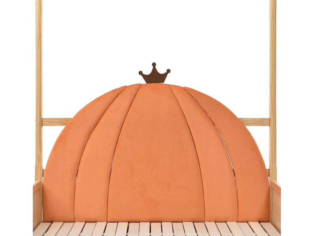 Onderschuifbed 140X200Cm In Massief Grenen - Fluwelen Hoofdeinde - Oranje & Wit-ModernLuxe Best