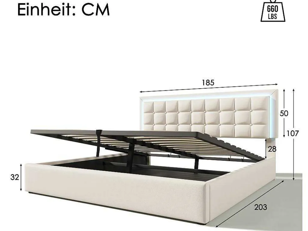 Opbergbed 180 X 200 Cm - Pu Leer - Led'S - Lattenbodem - Wit-Vente-unique Hot