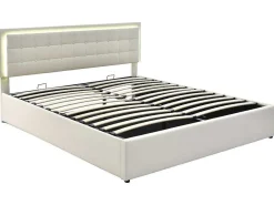 Opbergbed 180 X 200 Cm - Pu Leer - Led'S - Lattenbodem - Wit-Vente-unique Hot
