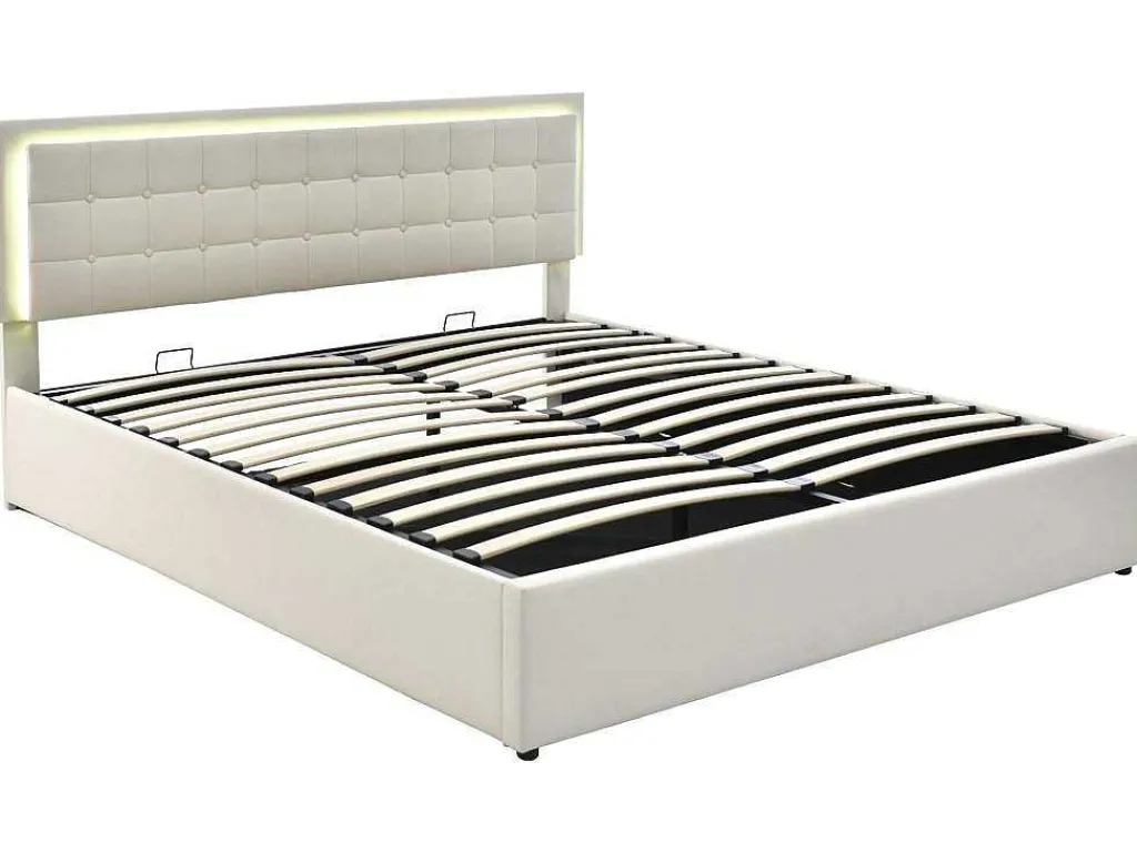 Opbergbed 180 X 200 Cm - Pu Leer - Led'S - Lattenbodem - Wit-Vente-unique Hot