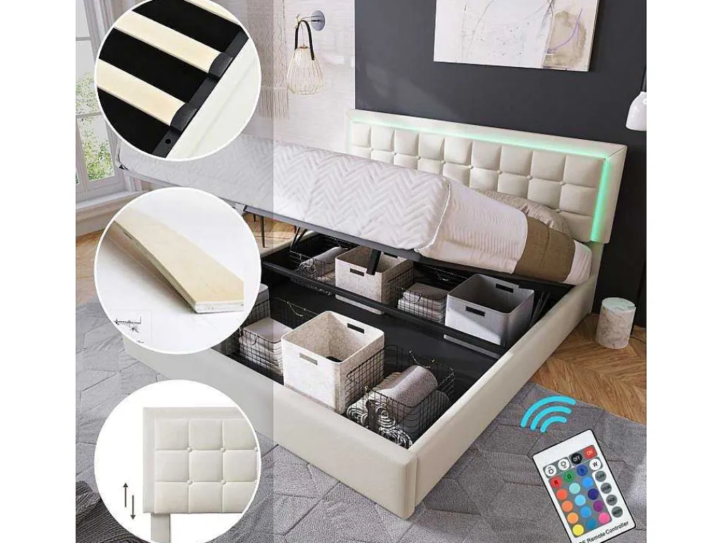 Opbergbed 180 X 200 Cm - Pu Leer - Led'S - Lattenbodem - Wit-Vente-unique Hot