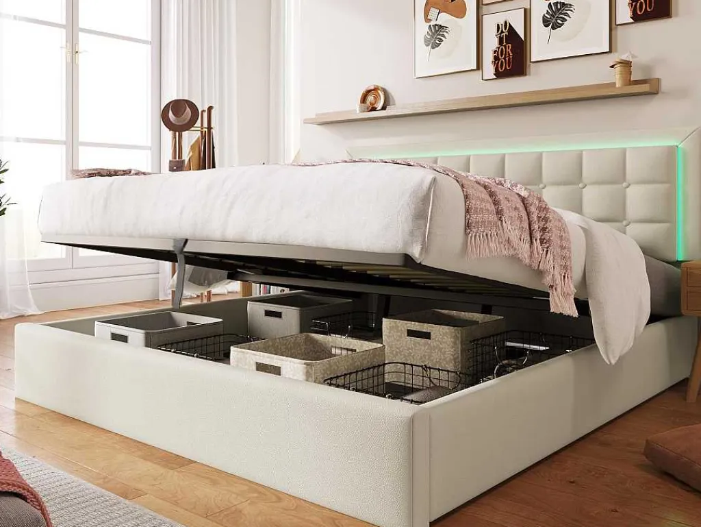 Opbergbed 180 X 200 Cm - Pu Leer - Led'S - Lattenbodem - Wit-Vente-unique Hot
