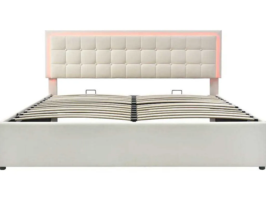 Opbergbed 180 X 200 Cm - Pu Leer - Led'S - Lattenbodem - Wit-Vente-unique Hot
