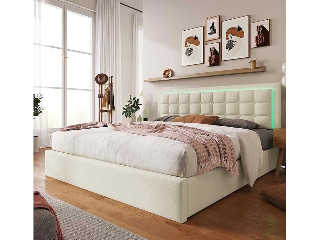 Opbergbed 180 X 200 Cm - Pu Leer - Led'S - Lattenbodem - Wit-Vente-unique Hot