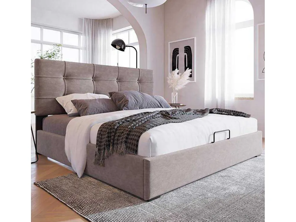 Opbergbed 140X200Cm - Stof Fluweel - Met Verstelbaar Hoofdeinde + Lattenbodem - Grijs-ModernLuxe Best