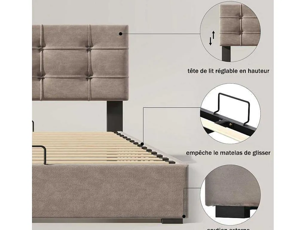 Opbergbed 140X200Cm - Stof Fluweel - Met Verstelbaar Hoofdeinde + Lattenbodem - Grijs-ModernLuxe Best