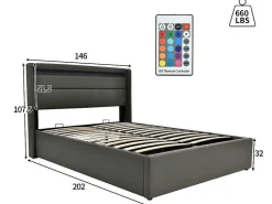 Opbergbed 140X200Cm In Kunstleer Met Led + Lattenbodem - Grijs-ModernLuxe Best