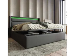 Opbergbed 140X200Cm In Kunstleer Met Led + Lattenbodem - Grijs-ModernLuxe Best