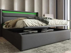 Opbergbed 140X200Cm In Kunstleer Met Led + Lattenbodem - Grijs-ModernLuxe Best