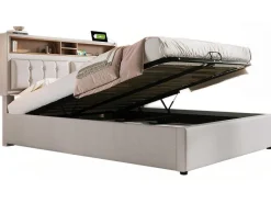 Opbergbed 160X200Cm In Linnenstof Met Usb-Poort - Verstelbaar Hoofdeinde En Lattenbodem - Beige-ModernLuxe Online