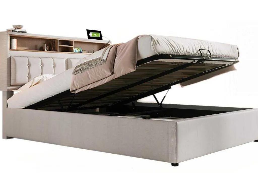 Opbergbed 160X200Cm In Linnenstof Met Usb-Poort - Verstelbaar Hoofdeinde En Lattenbodem - Beige-ModernLuxe Online