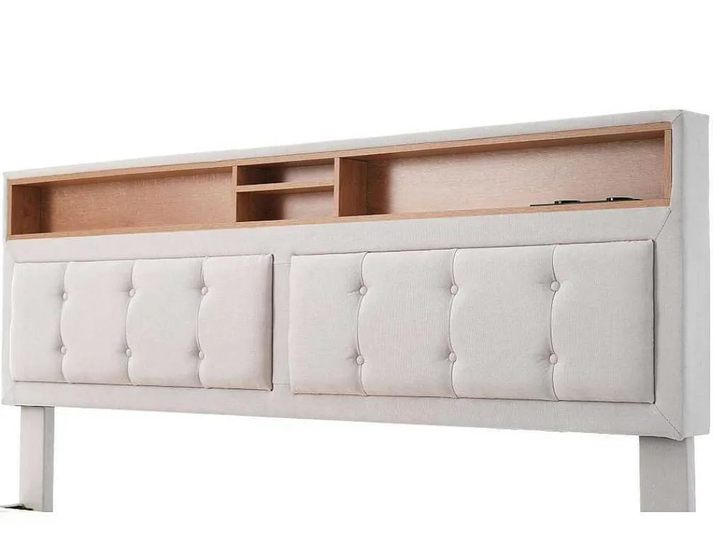 Opbergbed 160X200Cm In Linnenstof Met Usb-Poort - Verstelbaar Hoofdeinde En Lattenbodem - Beige-ModernLuxe Online