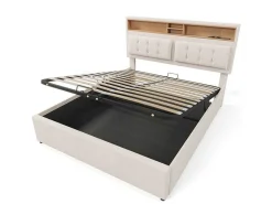 Opbergbed 160X200Cm In Linnenstof Met Usb-Poort - Verstelbaar Hoofdeinde En Lattenbodem - Beige-ModernLuxe Online