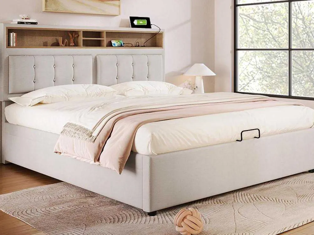 Opbergbed 160X200Cm In Linnenstof Met Usb-Poort - Verstelbaar Hoofdeinde En Lattenbodem - Beige-ModernLuxe Online