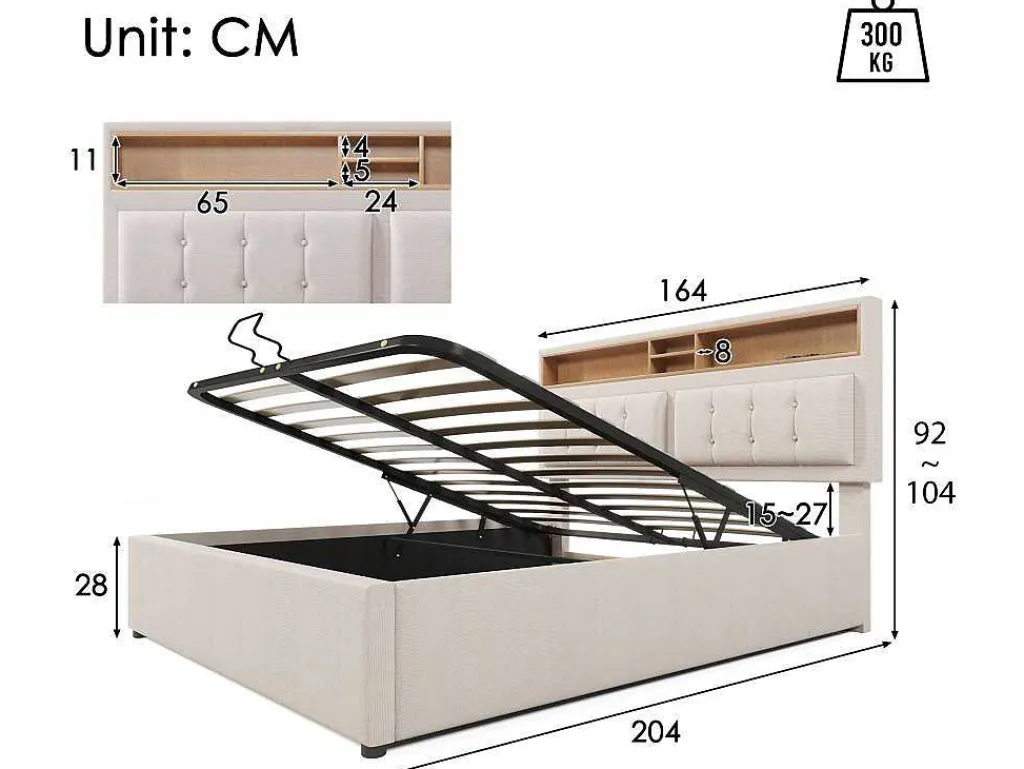 Opbergbed 160X200Cm In Linnenstof Met Usb-Poort - Verstelbaar Hoofdeinde En Lattenbodem - Beige-ModernLuxe Online