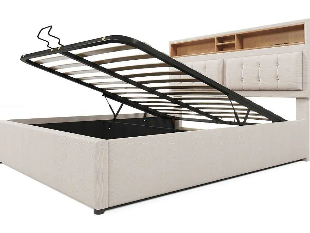 Opbergbed 160X200Cm In Linnenstof Met Usb-Poort - Verstelbaar Hoofdeinde En Lattenbodem - Beige-ModernLuxe Online