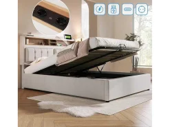 Opbergbed 160X200Cm In Linnenstof Met Usb-Poort - Verstelbaar Hoofdeinde En Lattenbodem - Beige-ModernLuxe Online