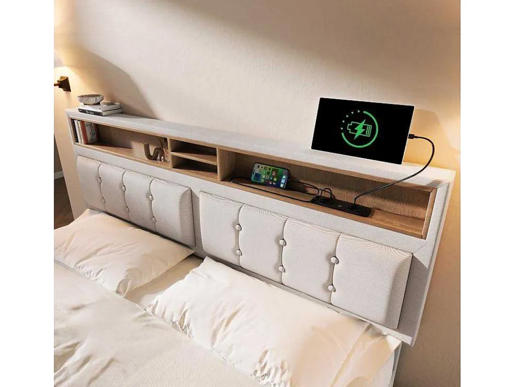 Opbergbed 160X200Cm In Linnenstof Met Usb-Poort - Verstelbaar Hoofdeinde En Lattenbodem - Beige-ModernLuxe Online