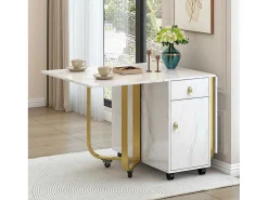 Opklapbare Eettafel Op Wielen - Met Opbergruimte - Wit & Goud-ModernLuxe Hot