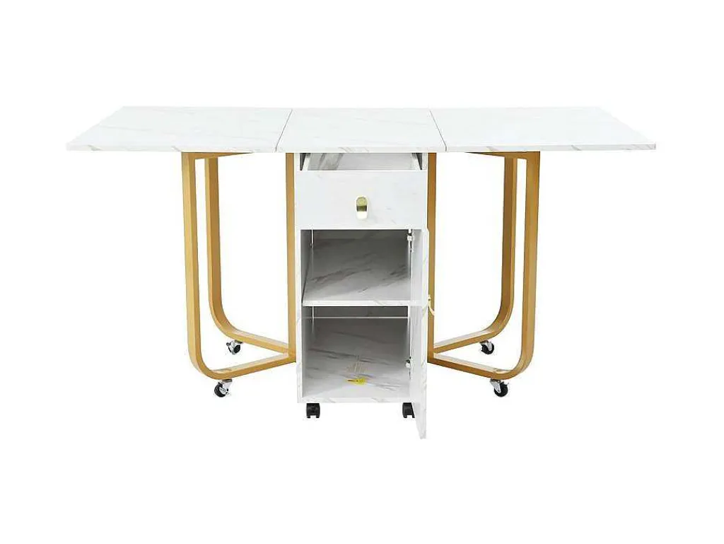 Opklapbare Eettafel Op Wielen - Met Opbergruimte - Wit & Goud-ModernLuxe Hot