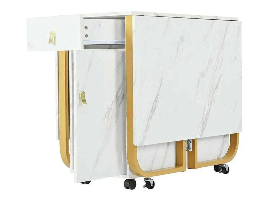 Opklapbare Eettafel Op Wielen - Met Opbergruimte - Wit & Goud-ModernLuxe Hot