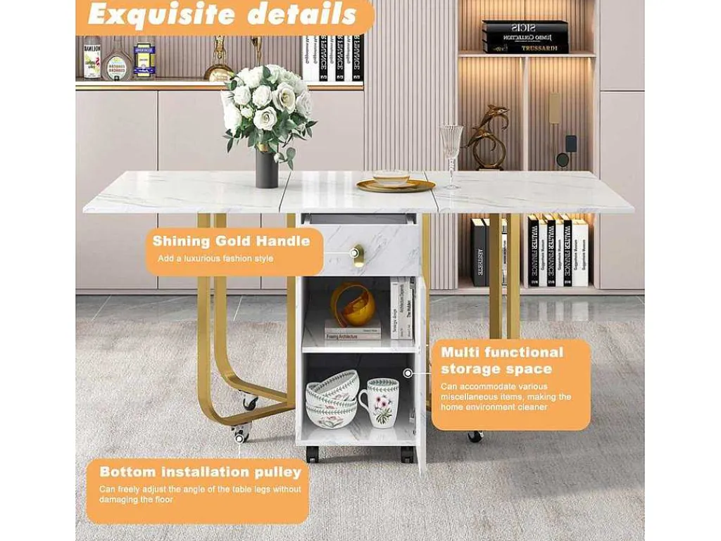 Opklapbare Eettafel Op Wielen - Met Opbergruimte - Wit & Goud-ModernLuxe Hot