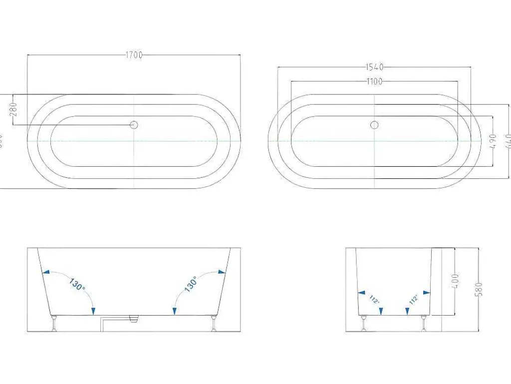Ovaal Vrijstaand - 200 L - 170 X 80 X 58 Cm - Wit - Acryl - Neptuna-Shower & Design