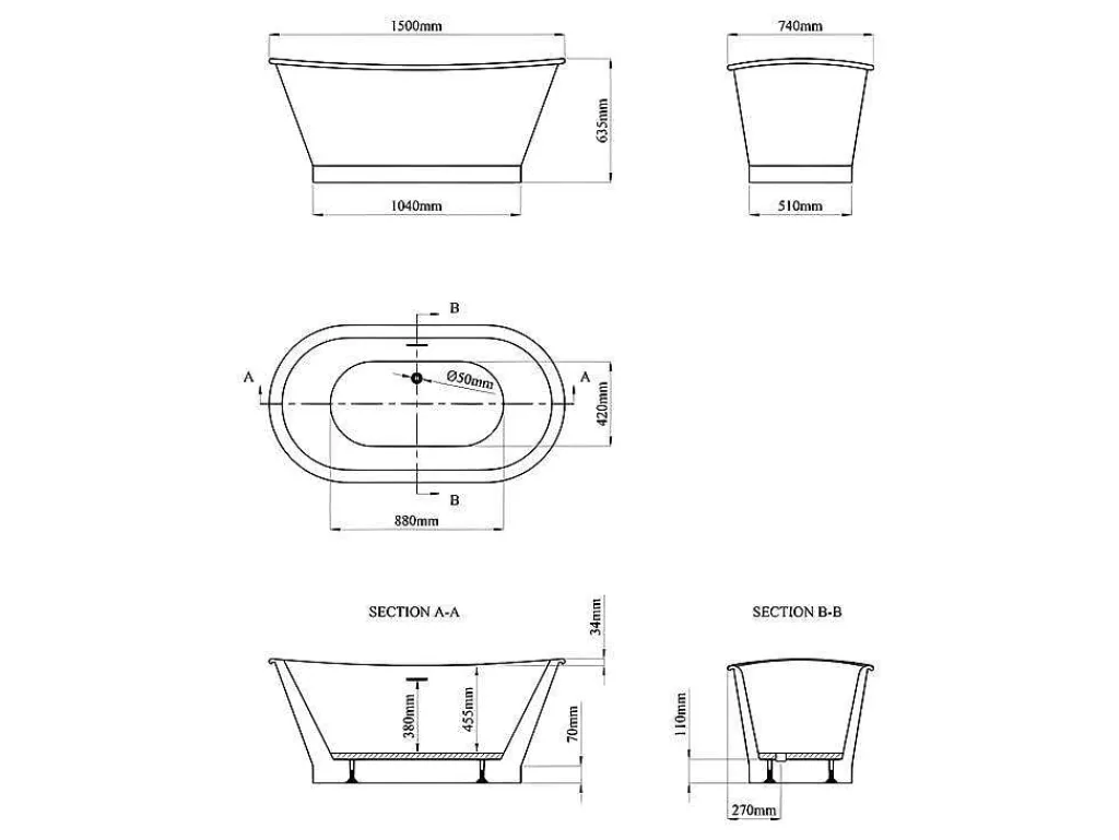 Ovaal Vrijstaand Bad - Retro-Stijl - 180 L - 150 X 74 X 63 Cm - Wit - Acryl - Pelmato-Shower & Design Discount