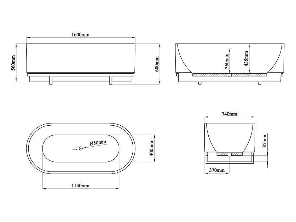 Ovaal Vrijstaand Bad Met Metalen Decoratie - 230 L - 160 X 75 X 60 Cm - Wit - Acryl - Pleco-Shower & Design Sale