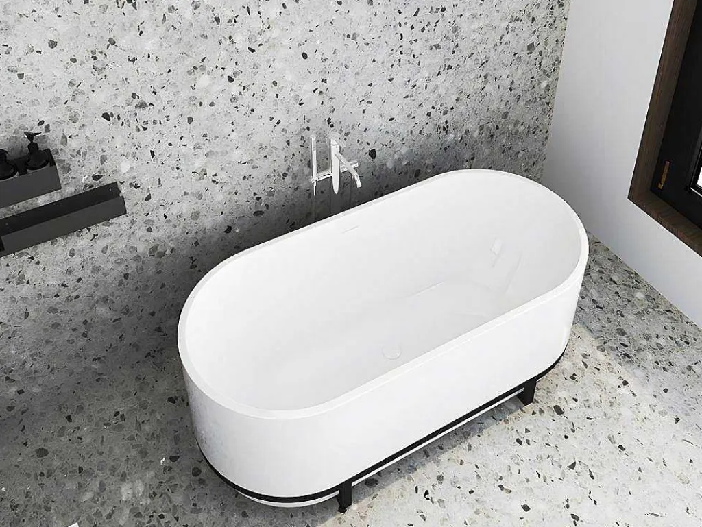 Ovaal Vrijstaand Bad Met Metalen Decoratie - 230 L - 160 X 75 X 60 Cm - Wit - Acryl - Pleco-Shower & Design Sale