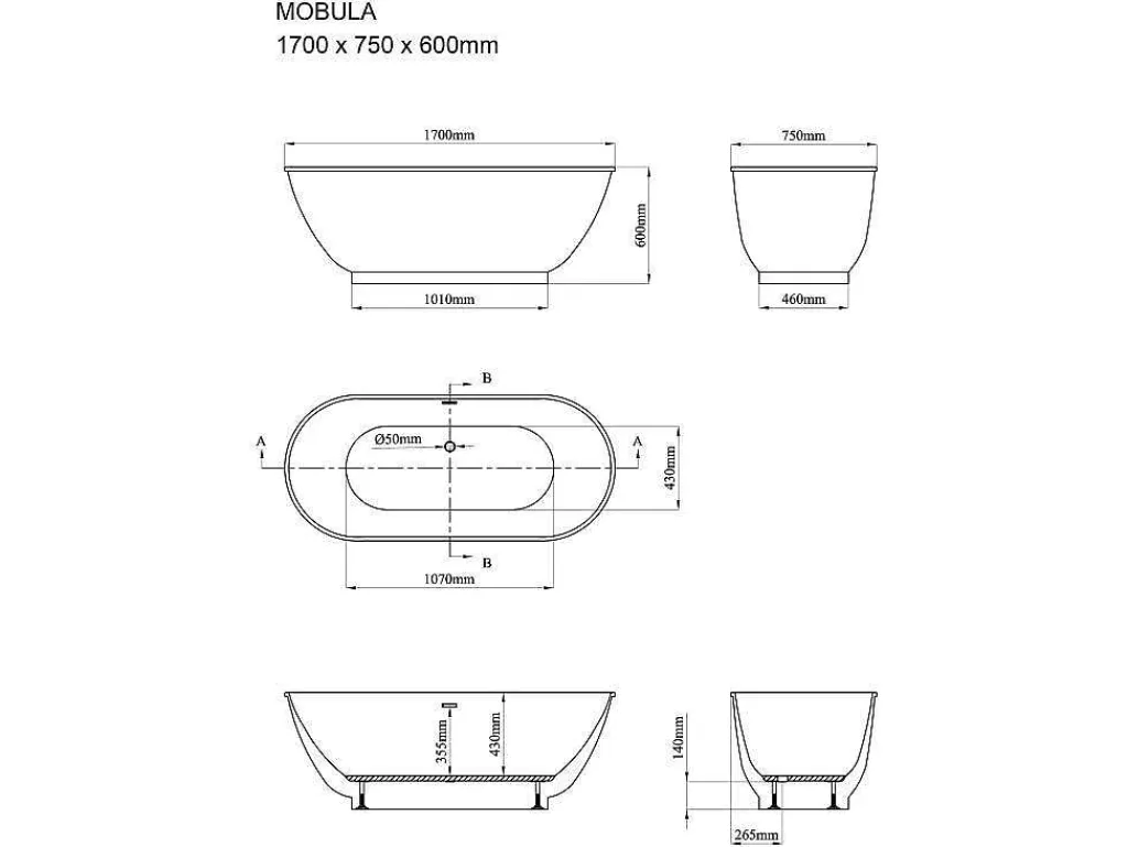 Ovalen Vrijstaand Bad - 240 L - 170 X 75 X 60 Cm - Wit - Acryl - Mobula-Shower & Design Online