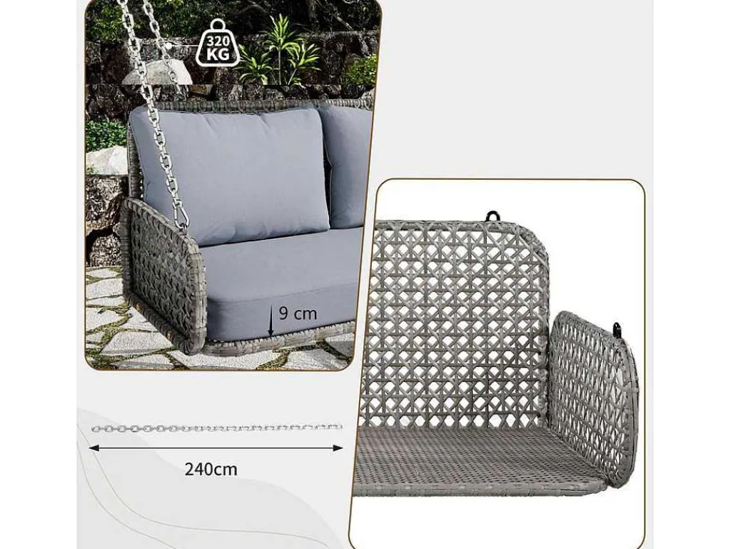 Pe Rotan Hangstoel - Tuinschommel - 2 Plaatsen - Met Kussens - Grijs-ModernLuxe Outlet