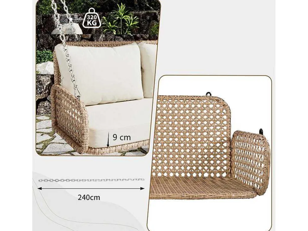 Pe Rotan Hangstoel - Tuinschommel - 2 Plaatsen - Met Kussens - Beige-ModernLuxe Discount