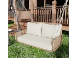 Pe Rotan Hangstoel - Tuinschommel - 2 Plaatsen - Met Kussens - Beige-ModernLuxe Discount