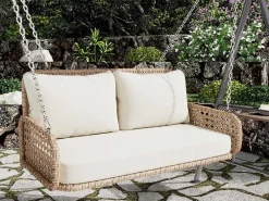 Pe Rotan Hangstoel - Tuinschommel - 2 Plaatsen - Met Kussens - Beige-ModernLuxe Discount