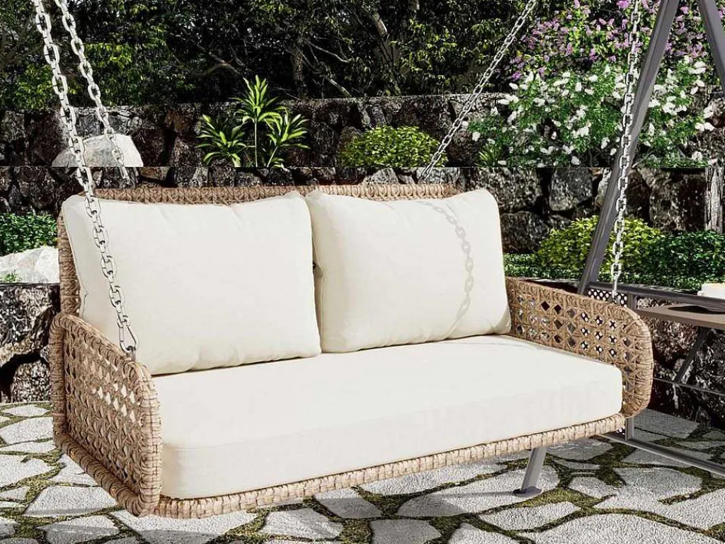 Pe Rotan Hangstoel - Tuinschommel - 2 Plaatsen - Met Kussens - Beige-ModernLuxe Discount