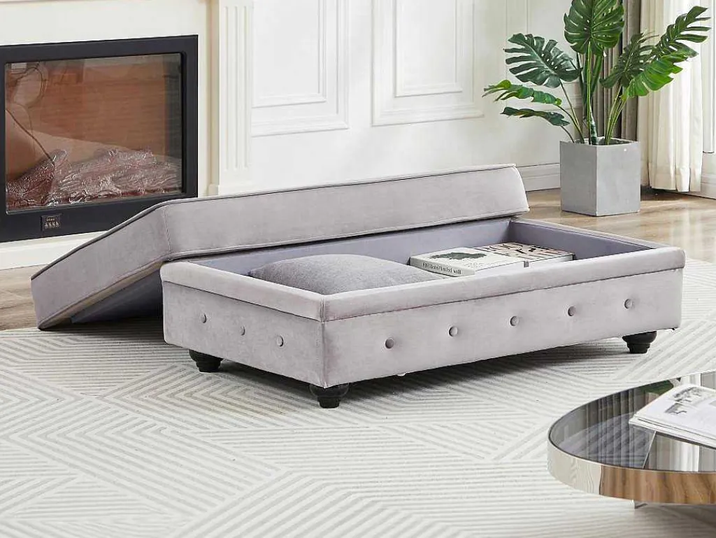 Poef Met Opbergruimte Van Lichtgrijs Velours Chesterfield-Vente-unique New