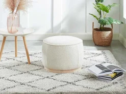 Poef Van Boucle Stof Met Voet In Lichtkleurig Hout - Miloden-Vente-unique New