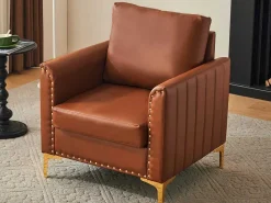 Pu Lederen Fauteuil Met Kussen - Metalen Poten - Bruin-Vente-unique Discount
