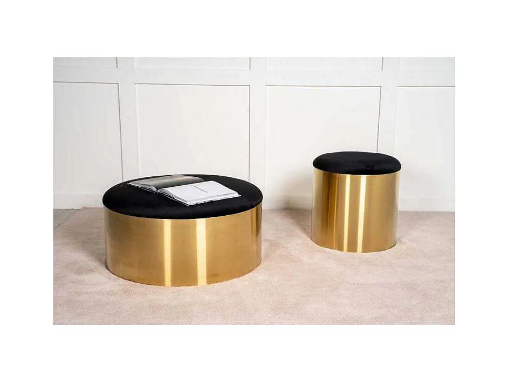 Puff Poef, Hocker O45Cm Velours Zwart, Messing.-Venture Home Best