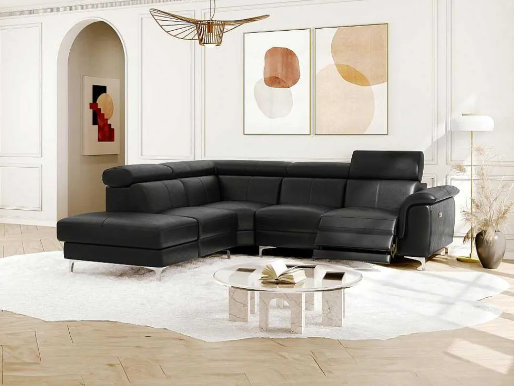 Relaxhoekbank Van Leer Sitia - Elektrisch - Zwart - Hoek Links-Vente-unique Hot