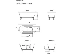 Retro Halflosstaand Bad Met Poten - 154 L - 150 X 74 X 61 Cm - Wit - Acryl - Sparus-Shower & Design New