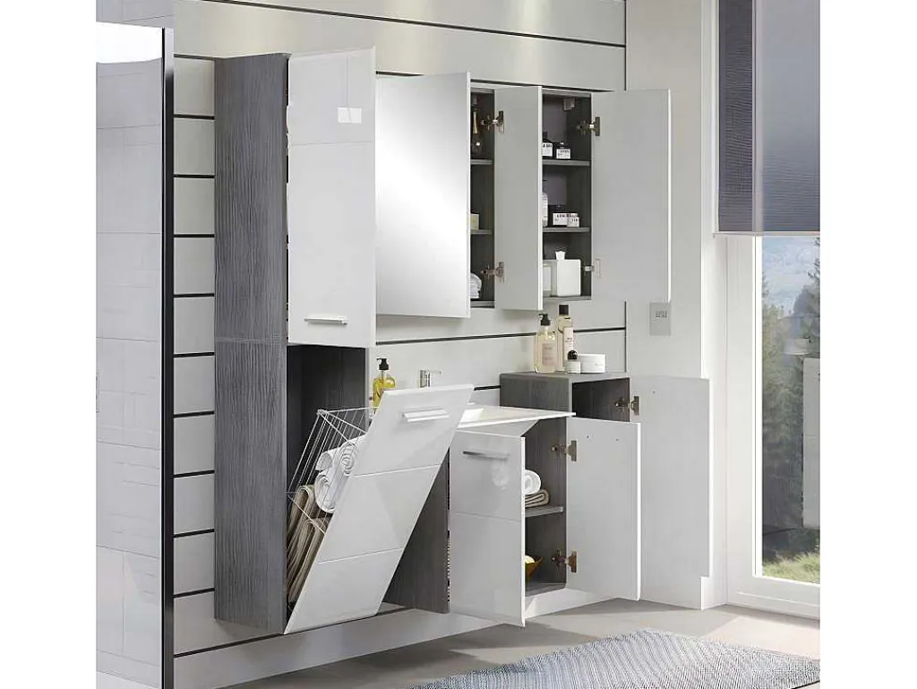 Riva Badkamerkast Wandophanging, 1 Deur, 1 Klepdeur, Wit Hoogglans, Grijs.-Trendteam Hot