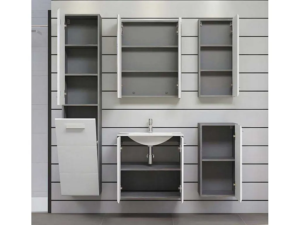 Riva Badkamerkast Wandophanging, 1 Deur, 1 Klepdeur, Wit Hoogglans, Grijs.-Trendteam Hot