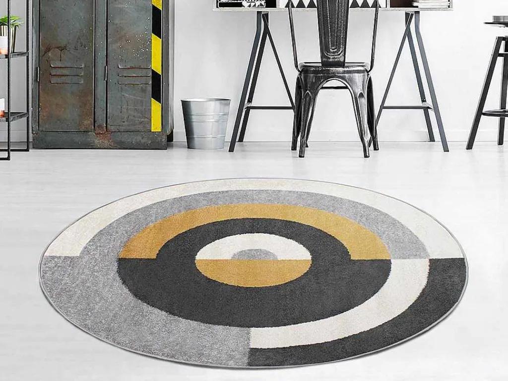 Rond Designtapijt Met Geometrische Motieven Alborg - D. 160 Cm - Grijs En Oker-OZAIA Online