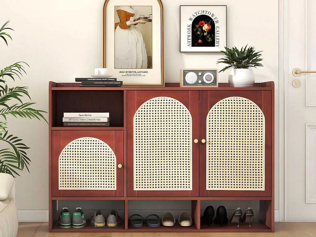 Rotan Opbergmeubel - 3 Gebogen Rotan Deuren En 4 Open Opbergruimtes - Bruin-ModernLuxe Hot