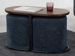 Salontafel + 2 Poefs Van Stof - Naturel En Blauw - Adar-Vente-unique Discount