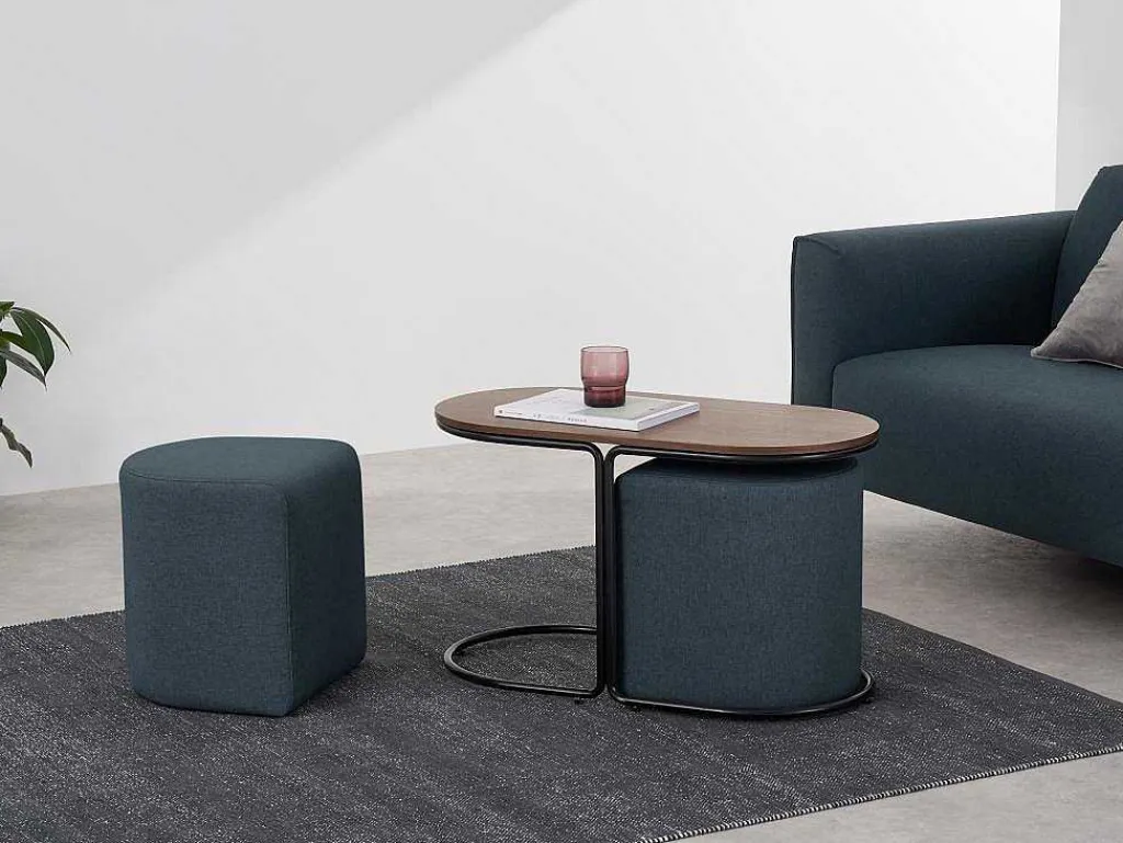 Salontafel + 2 Poefs Van Stof - Naturel En Blauw - Adar-Vente-unique Discount