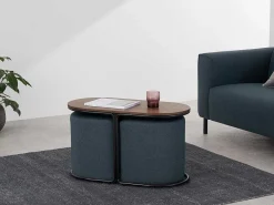 Salontafel + 2 Poefs Van Stof - Naturel En Blauw - Adar-Vente-unique Discount